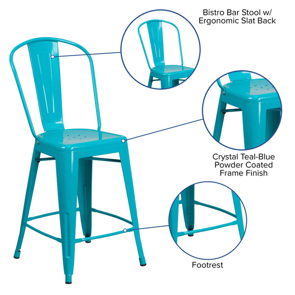 Crystal Teal-Blue |#| 24inch High Crystal Teal-Blue Metal Indoor-Outdoor Counter Height Stool with Back