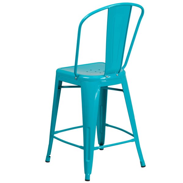 Crystal Teal-Blue |#| 24inch High Crystal Teal-Blue Metal Indoor-Outdoor Counter Height Stool with Back