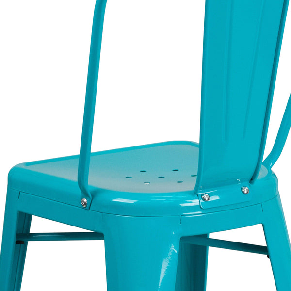 Crystal Teal-Blue |#| 24inch High Crystal Teal-Blue Metal Indoor-Outdoor Counter Height Stool with Back