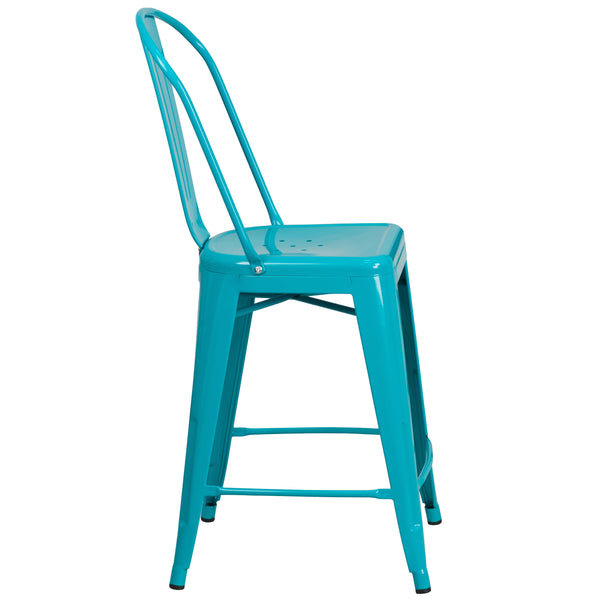 Crystal Teal-Blue |#| 24inch High Crystal Teal-Blue Metal Indoor-Outdoor Counter Height Stool with Back