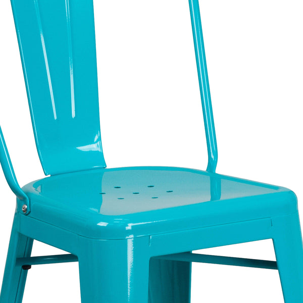 Crystal Teal-Blue |#| 24inch High Crystal Teal-Blue Metal Indoor-Outdoor Counter Height Stool with Back