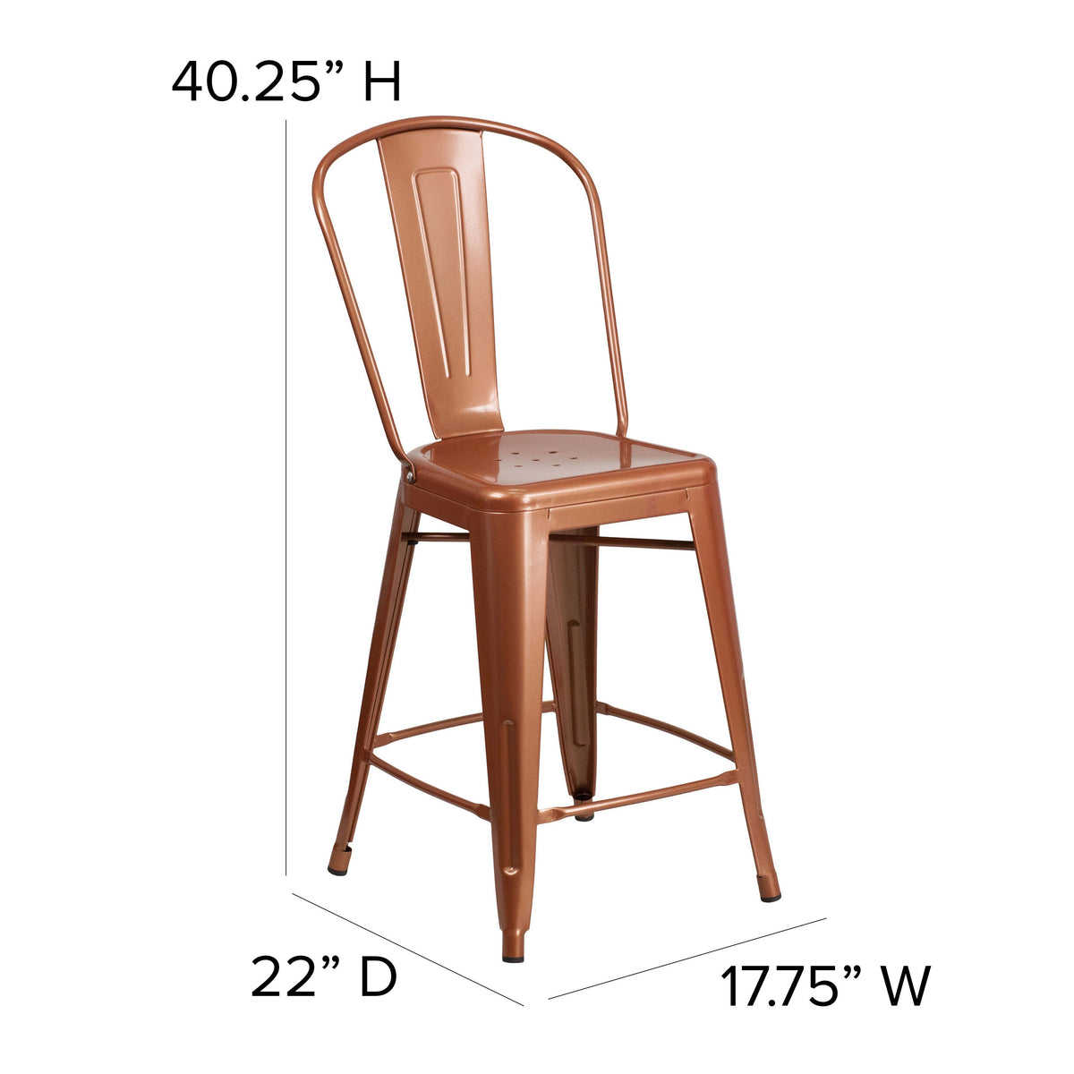 Copper |#| 24inch High Copper Metal Indoor-Outdoor Counter Height Stool with Back