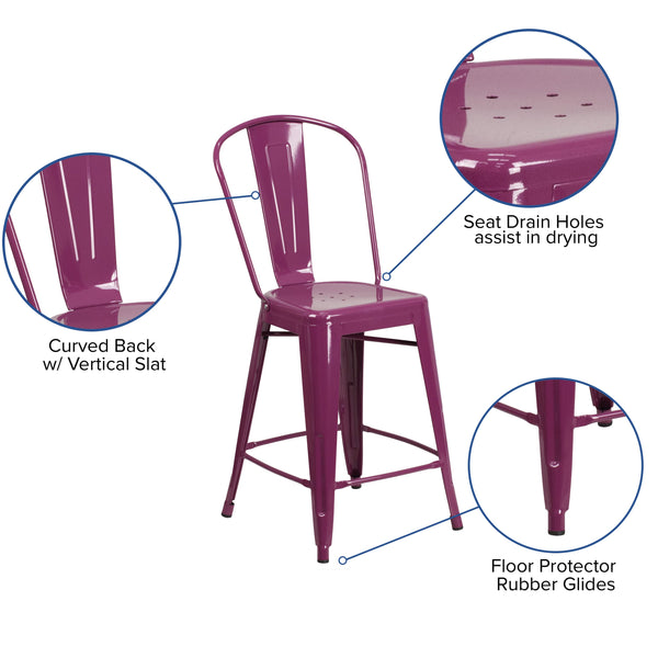 Purple |#| 24inch High Purple Metal Indoor-Outdoor Counter Height Stool with Back