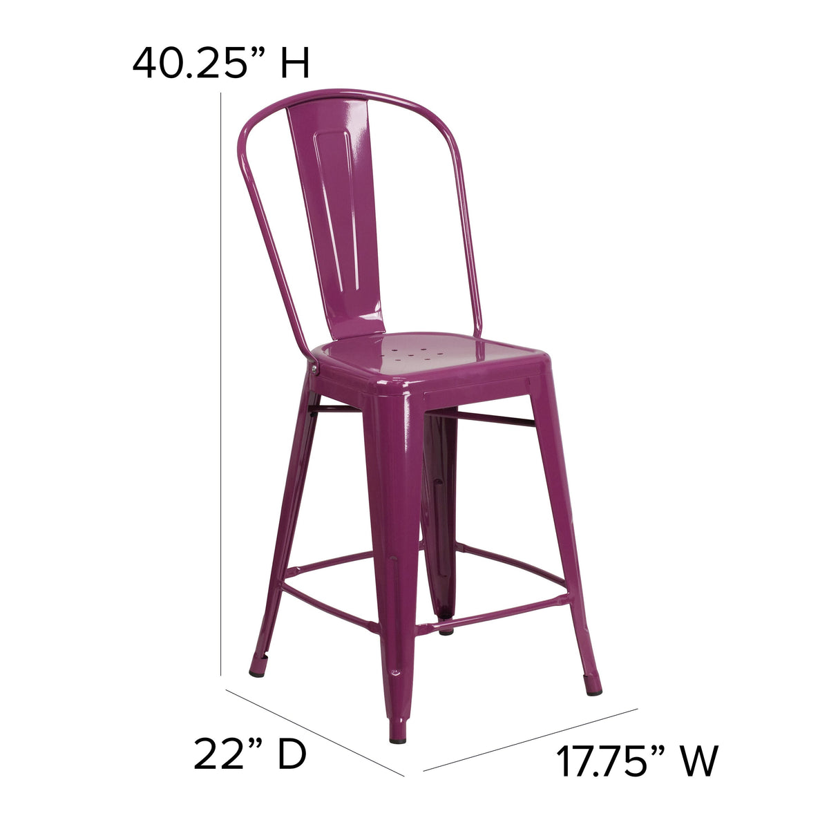 Purple |#| 24inch High Purple Metal Indoor-Outdoor Counter Height Stool with Back