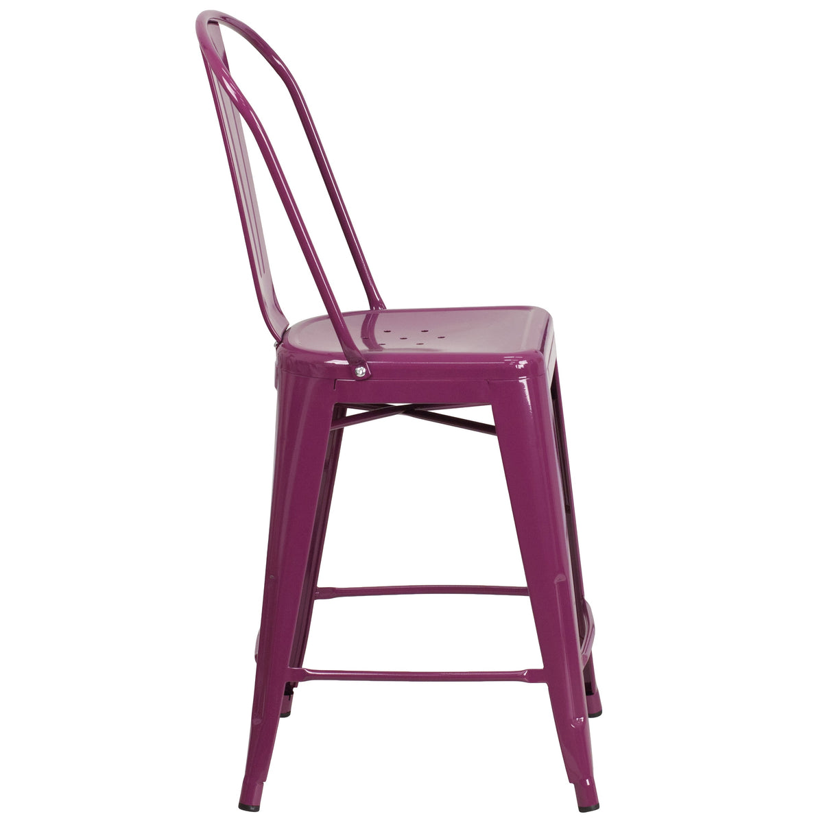 Purple |#| 24inch High Purple Metal Indoor-Outdoor Counter Height Stool with Back