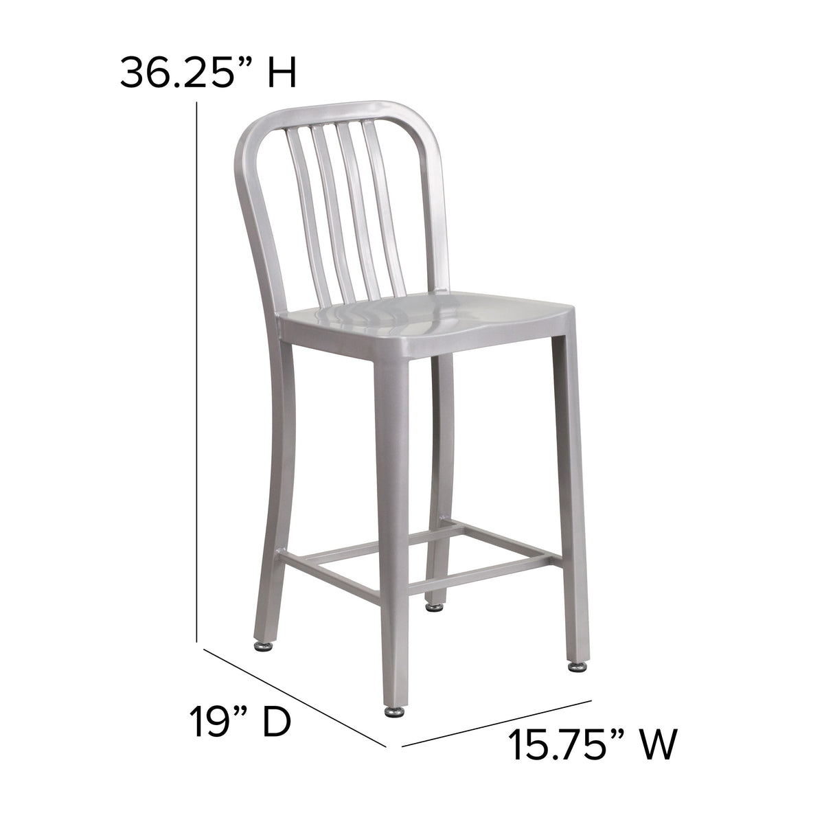 Silver |#| 24inch High Silver Metal Indoor-Outdoor Counter Height Stool w/ Vertical Slat Back