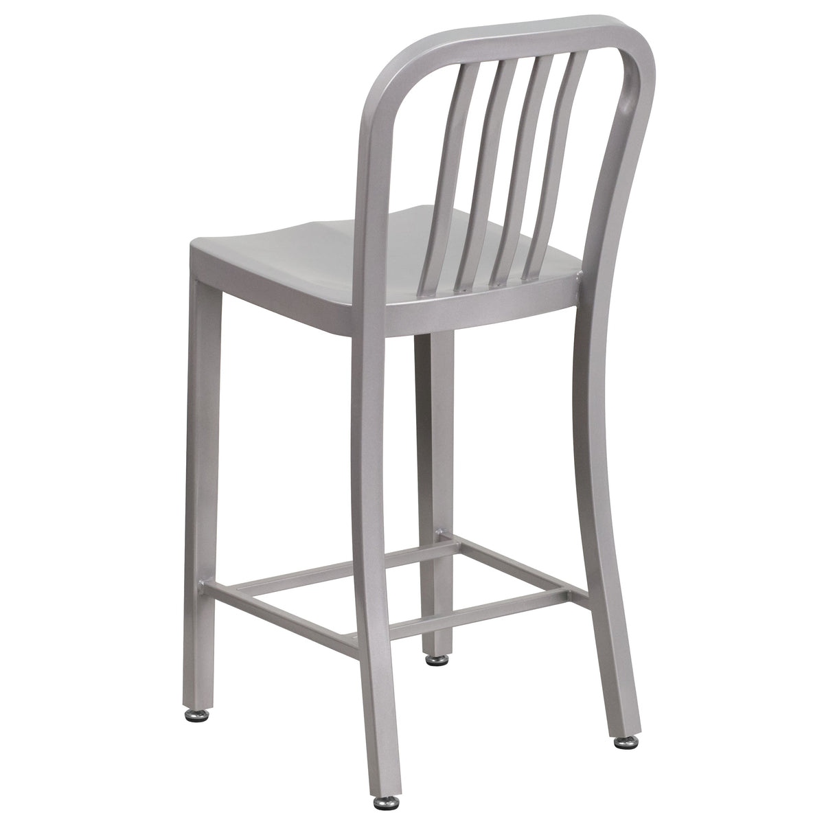 Silver |#| 24inch High Silver Metal Indoor-Outdoor Counter Height Stool w/ Vertical Slat Back