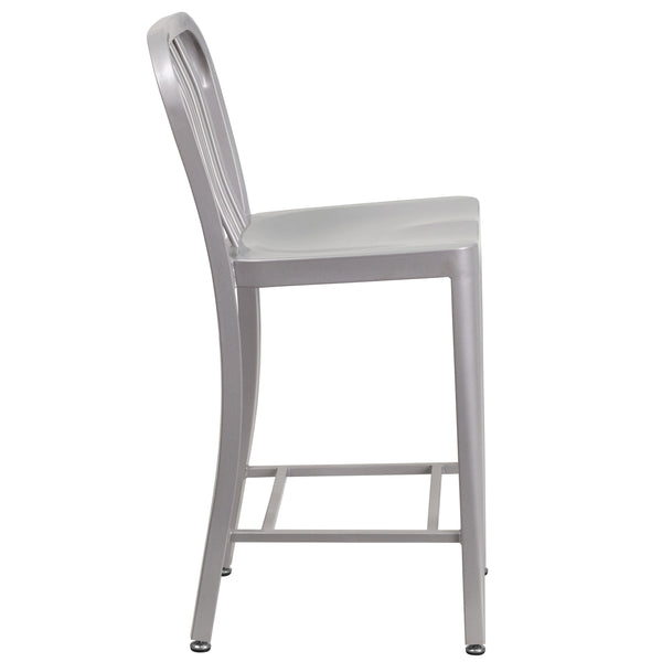 Silver |#| 24inch High Silver Metal Indoor-Outdoor Counter Height Stool w/ Vertical Slat Back