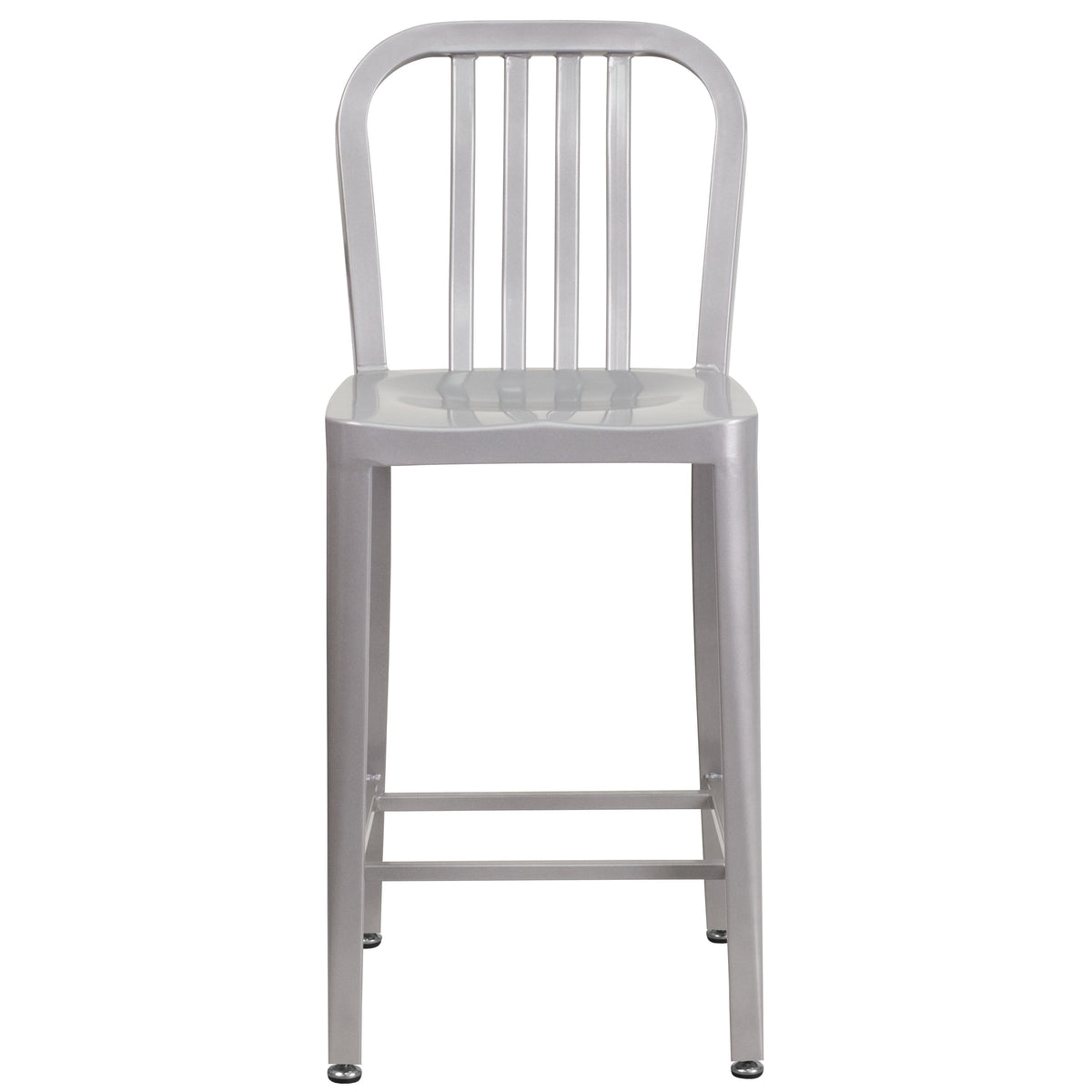 Silver |#| 24inch High Silver Metal Indoor-Outdoor Counter Height Stool w/ Vertical Slat Back