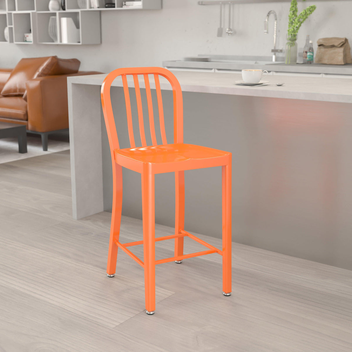 Orange |#| 24inch High Orange Metal Indoor-Outdoor Counter Height Stool w/ Vertical Slat Back