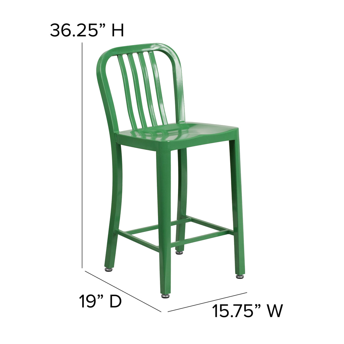 Green |#| 24inch High Green Metal Indoor-Outdoor Counter Height Stool with Vertical Slat Back