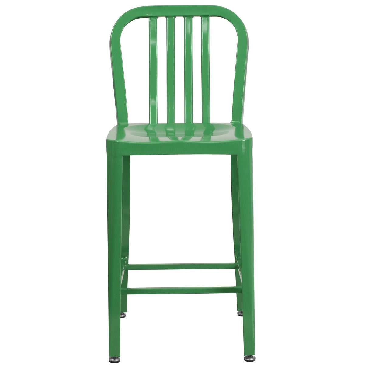 Green |#| 24inch High Green Metal Indoor-Outdoor Counter Height Stool with Vertical Slat Back