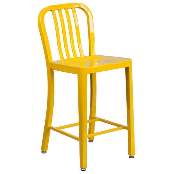 Yellow |#| 24inch High Yellow Metal Indoor-Outdoor Counter Height Stool w/ Vertical Slat Back