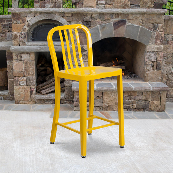 Yellow |#| 24inch High Yellow Metal Indoor-Outdoor Counter Height Stool w/ Vertical Slat Back