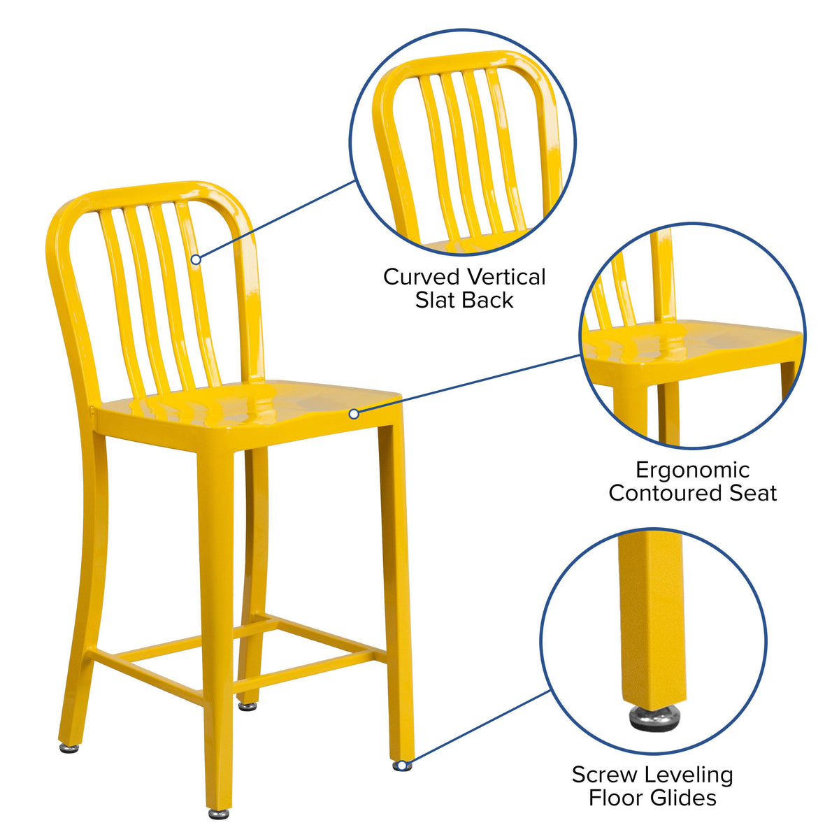 Yellow |#| 24inch High Yellow Metal Indoor-Outdoor Counter Height Stool w/ Vertical Slat Back