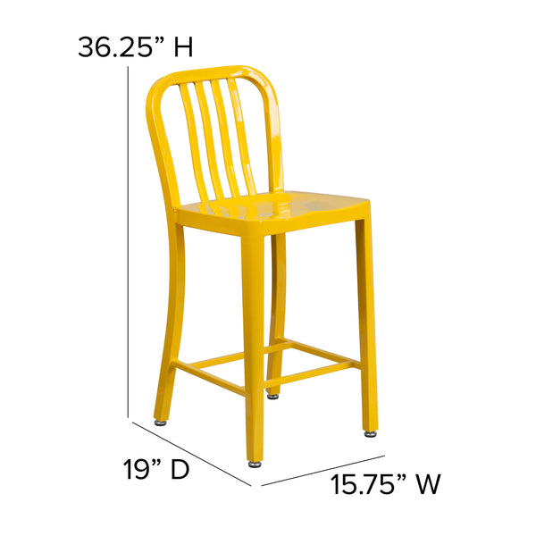 Yellow |#| 24inch High Yellow Metal Indoor-Outdoor Counter Height Stool w/ Vertical Slat Back