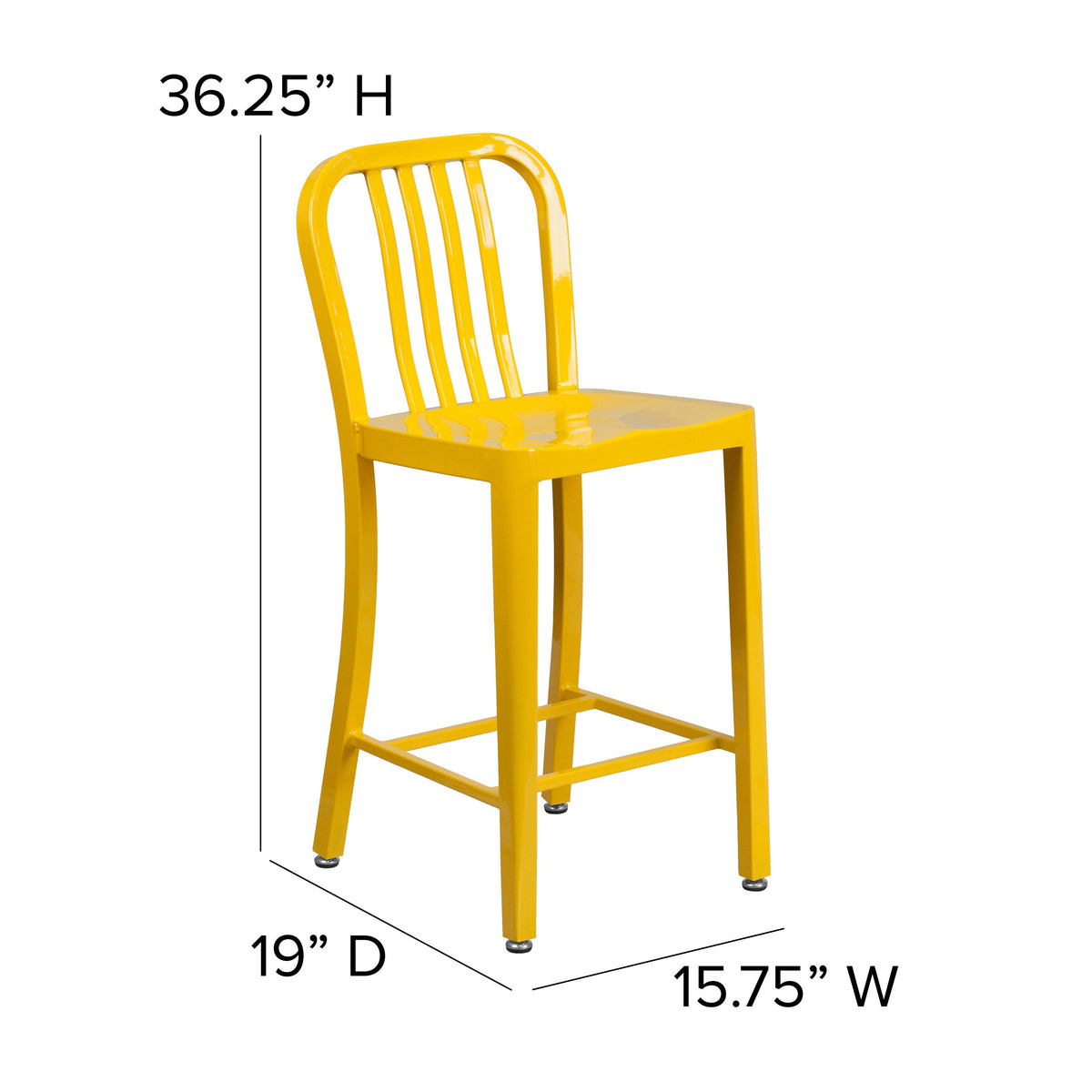 Yellow |#| 24inch High Yellow Metal Indoor-Outdoor Counter Height Stool w/ Vertical Slat Back