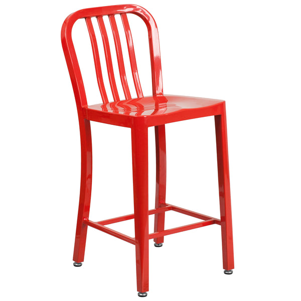 Red |#| 24inch High Red Metal Indoor-Outdoor Counter Height Stool with Vertical Slat Back