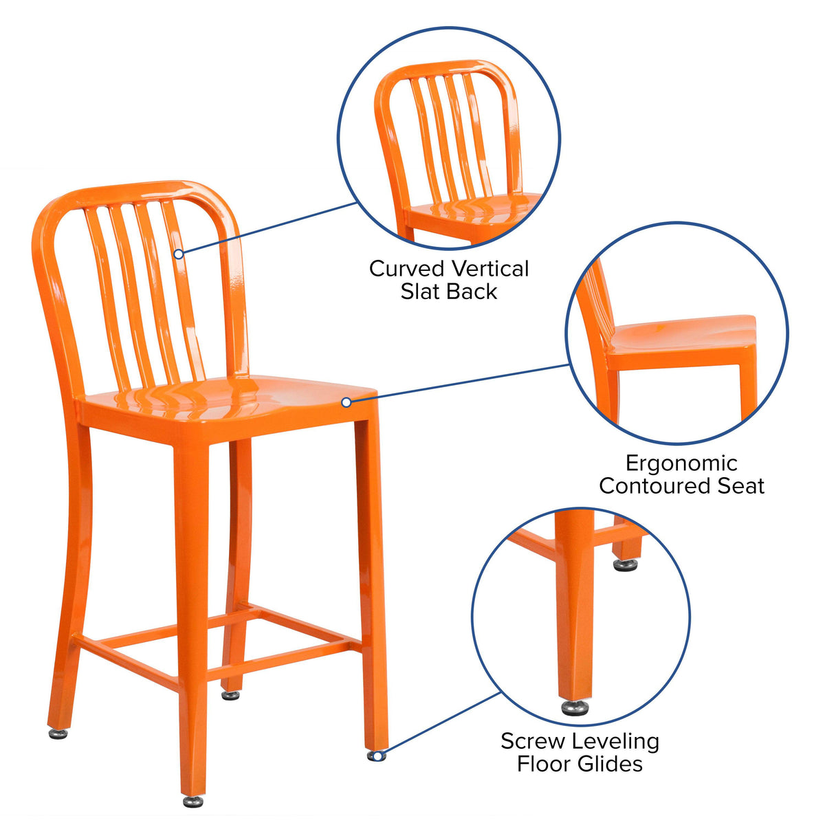 Orange |#| 24inch High Orange Metal Indoor-Outdoor Counter Height Stool w/ Vertical Slat Back