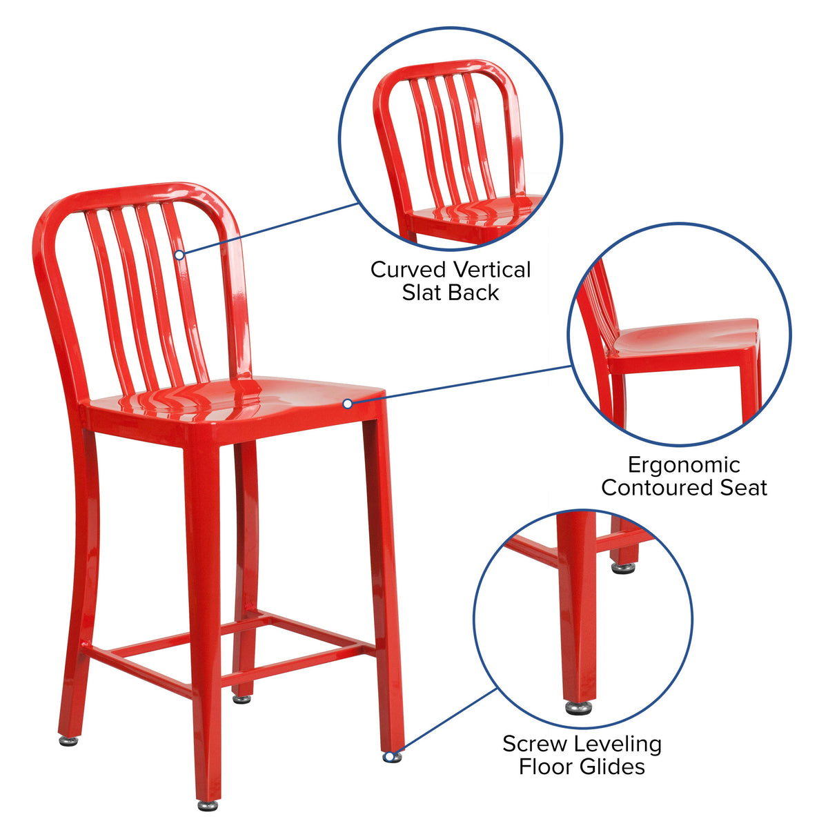 Red |#| 24inch High Red Metal Indoor-Outdoor Counter Height Stool with Vertical Slat Back