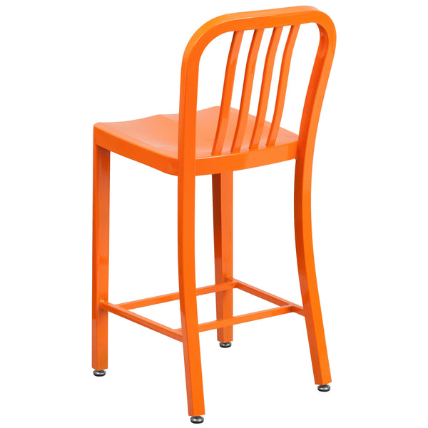 Orange |#| 24inch High Orange Metal Indoor-Outdoor Counter Height Stool w/ Vertical Slat Back