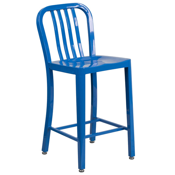Blue |#| 24inch High Blue Metal Indoor-Outdoor Counter Height Stool with Vertical Slat Back