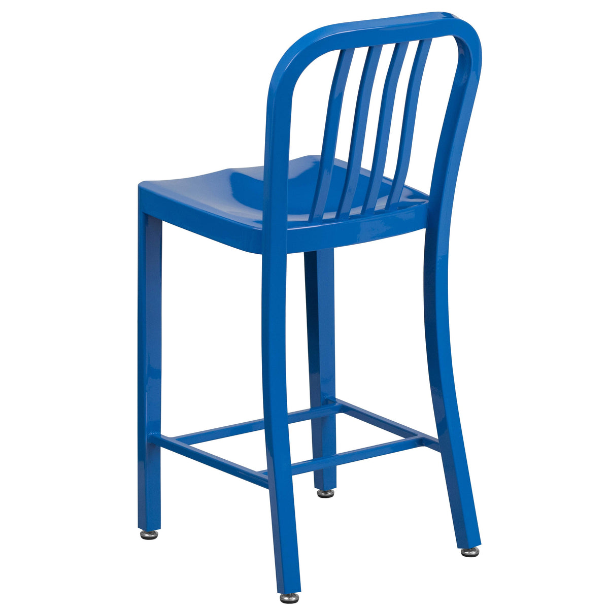 Blue |#| 24inch High Blue Metal Indoor-Outdoor Counter Height Stool with Vertical Slat Back