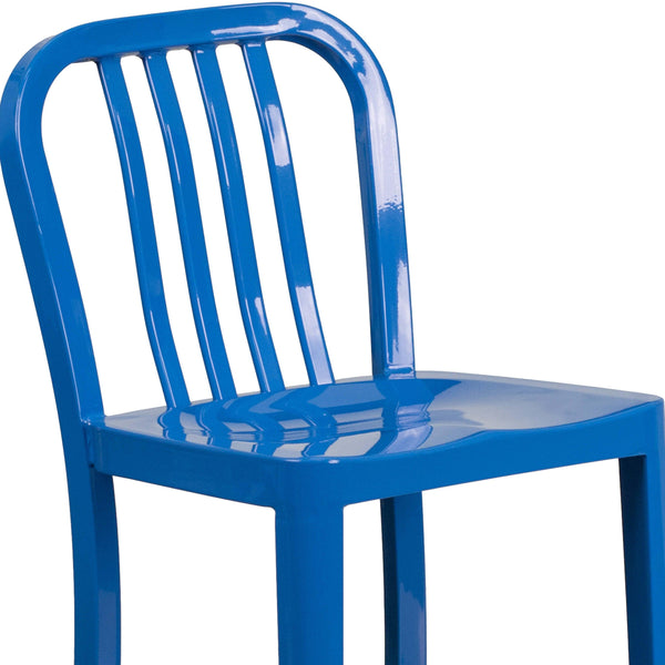 Blue |#| 24inch High Blue Metal Indoor-Outdoor Counter Height Stool with Vertical Slat Back