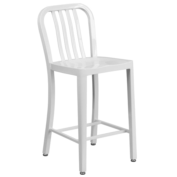 White |#| 24inch High White Metal Indoor-Outdoor Counter Height Stool with Vertical Slat Back