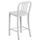 White |#| 24inch High White Metal Indoor-Outdoor Counter Height Stool with Vertical Slat Back