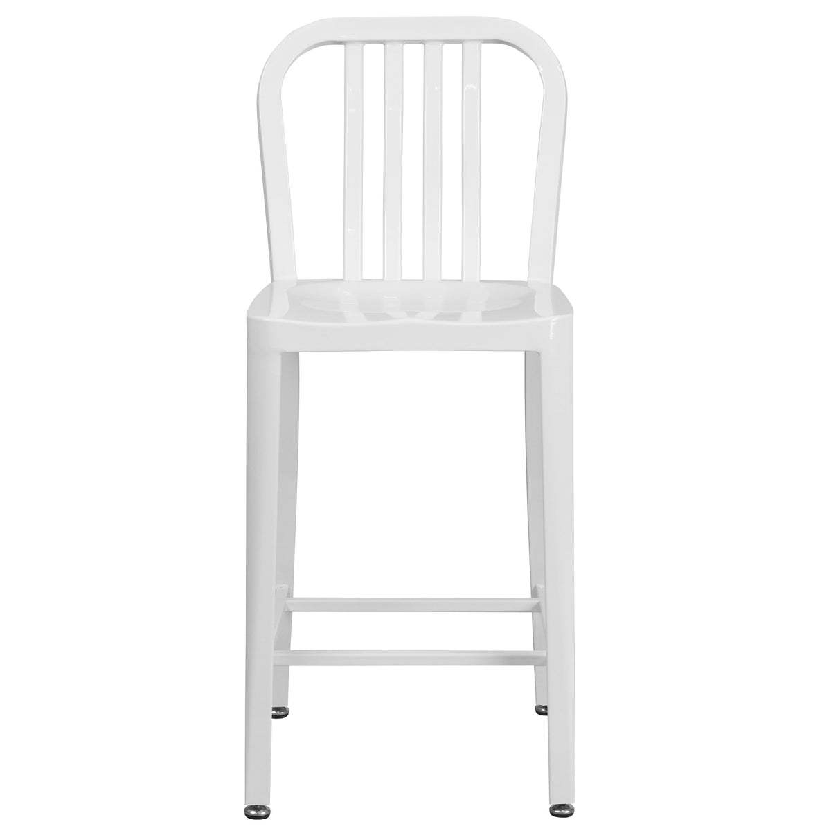 White |#| 24inch High White Metal Indoor-Outdoor Counter Height Stool with Vertical Slat Back
