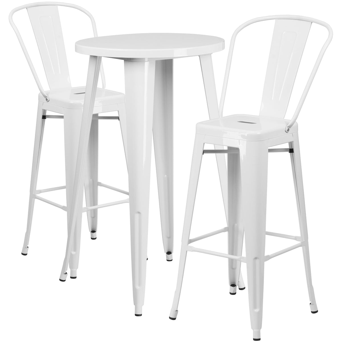 White |#| 24inch Round White Metal Indoor-Outdoor Bar Table Set with 2 Cafe Stools