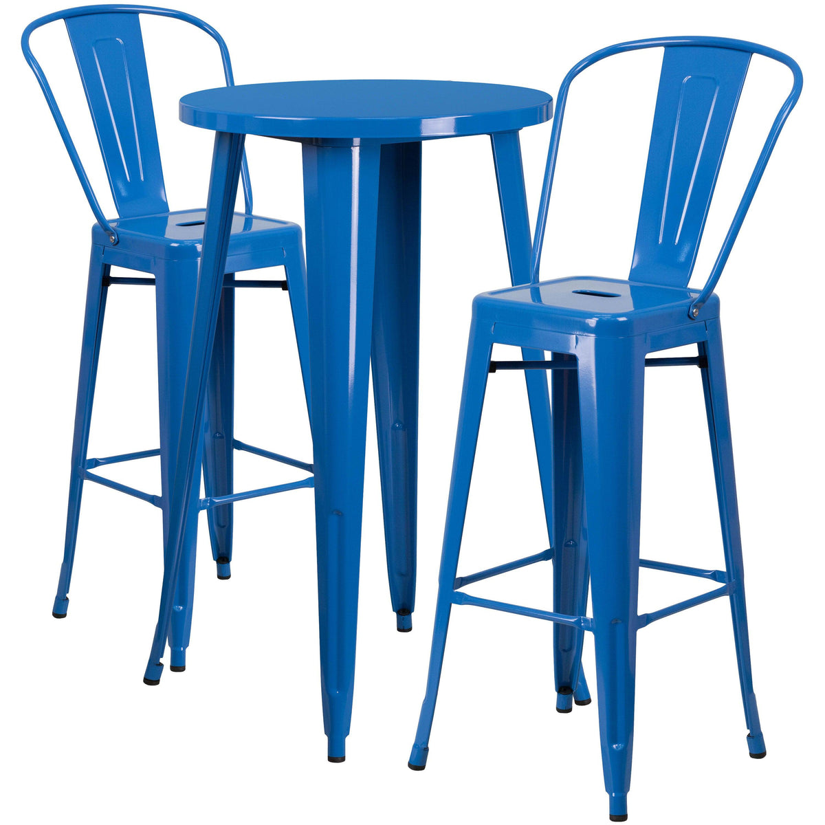 Blue |#| 24inch Round Blue Metal Indoor-Outdoor Bar Table Set with 2 Cafe Stools