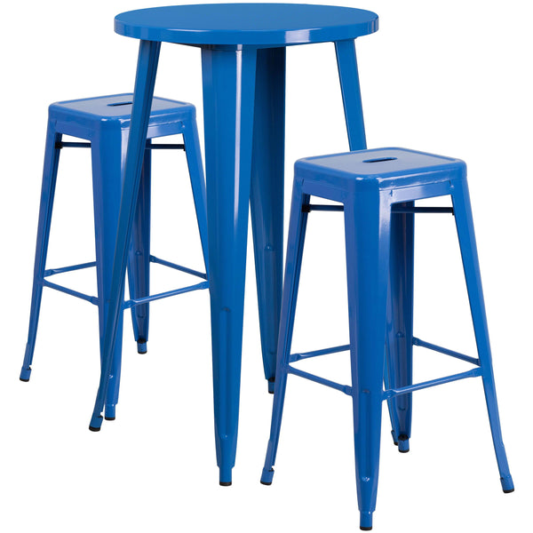 Blue |#| 24inch Round Blue Metal Indoor-Outdoor Bar Table Set with 2 Backless Stools