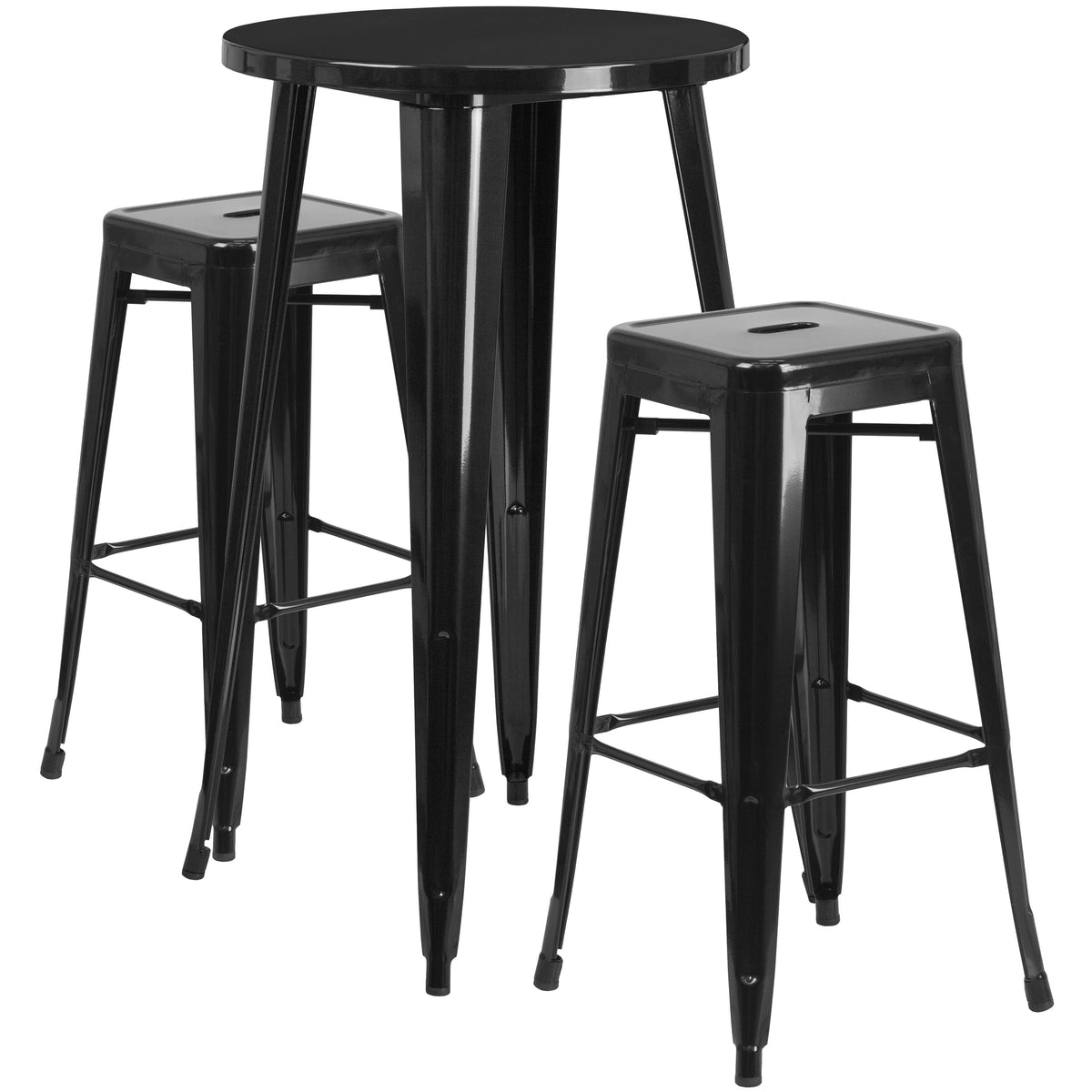 Black |#| 24inch Round Black Metal Indoor-Outdoor Bar Table Set with 2 Backless Stools