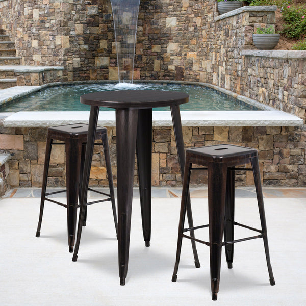 Black-Antique Gold |#| 24inch Round Black-Gold Metal Indoor-Outdoor Bar Table Set with 2 Backless Stools