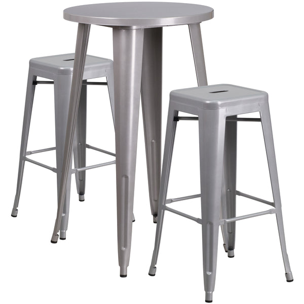 Silver |#| 24inch Round Silver Metal Indoor-Outdoor Bar Table Set with 2 Backless Stools