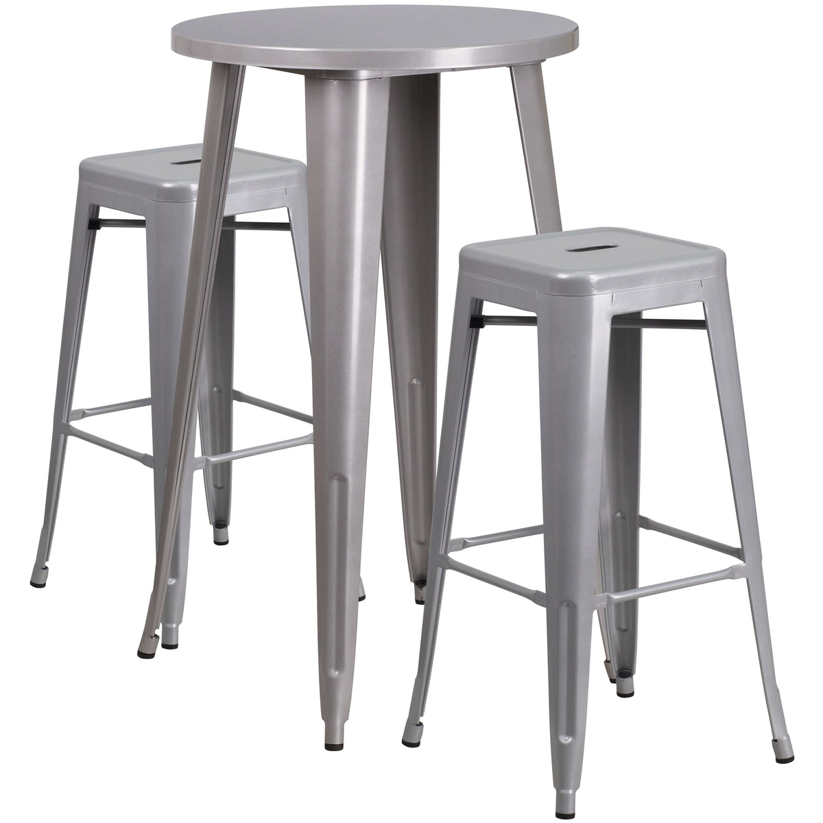 Silver |#| 24inch Round Silver Metal Indoor-Outdoor Bar Table Set with 2 Backless Stools