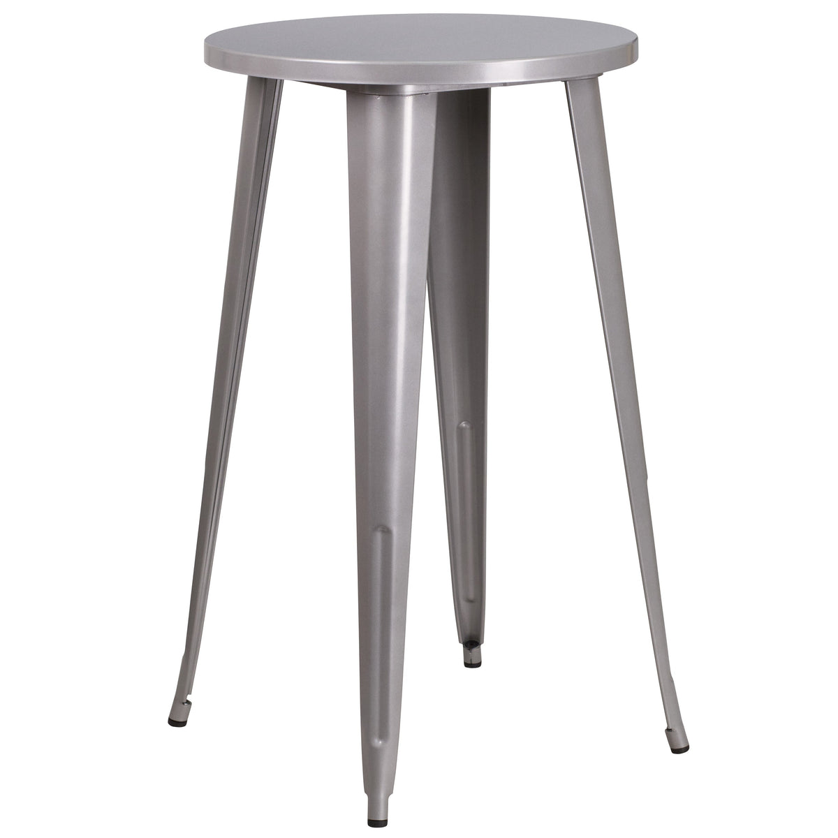 Silver |#| 24inch Round Silver Metal Indoor-Outdoor Bar Table Set with 2 Backless Stools