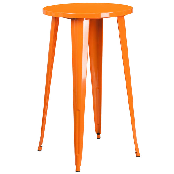 Orange |#| 24inch Round Orange Metal Indoor-Outdoor Bar Table Set with 2 Backless Stools