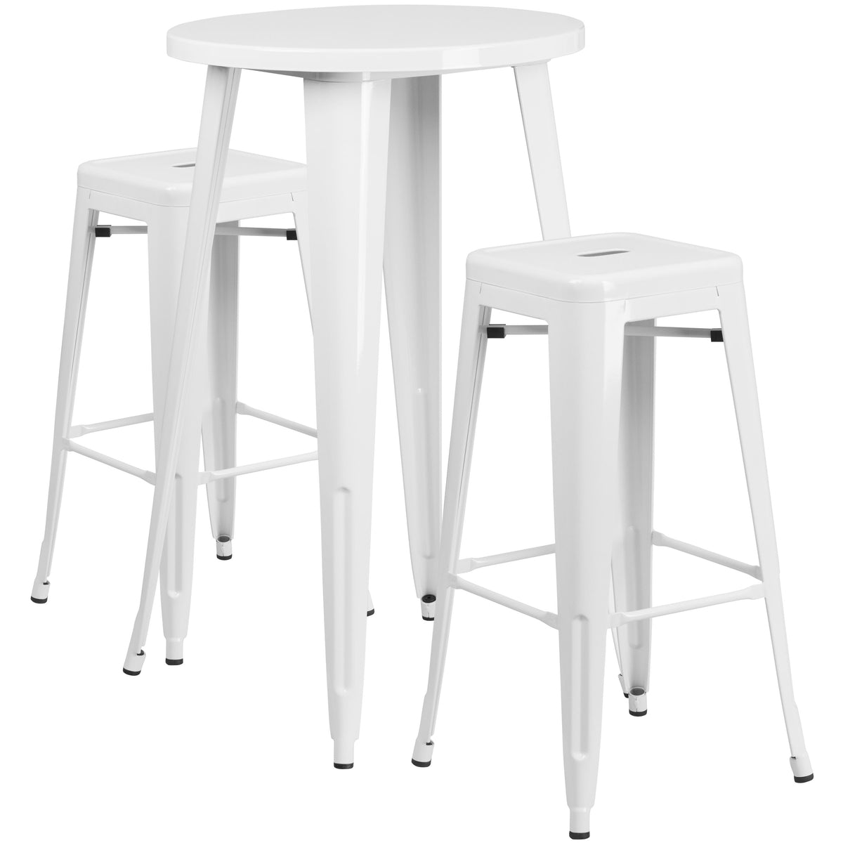 White |#| 24inch Round White Metal Indoor-Outdoor Bar Table Set with 2 Backless Stools