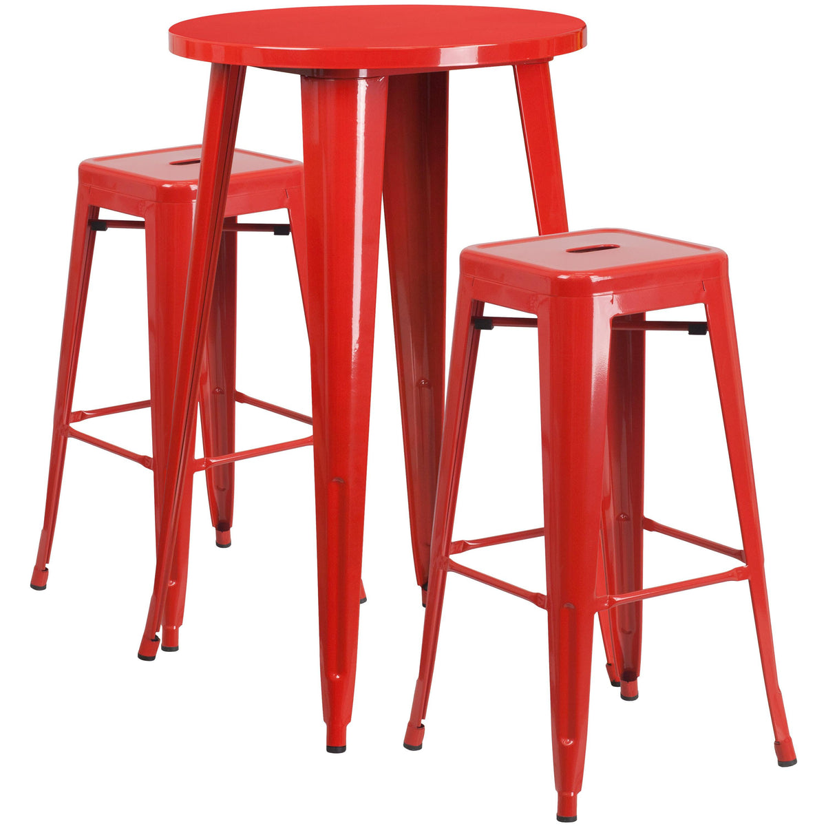 Red |#| 24inch Round Red Metal Indoor-Outdoor Bar Table Set with 2 Backless Stools