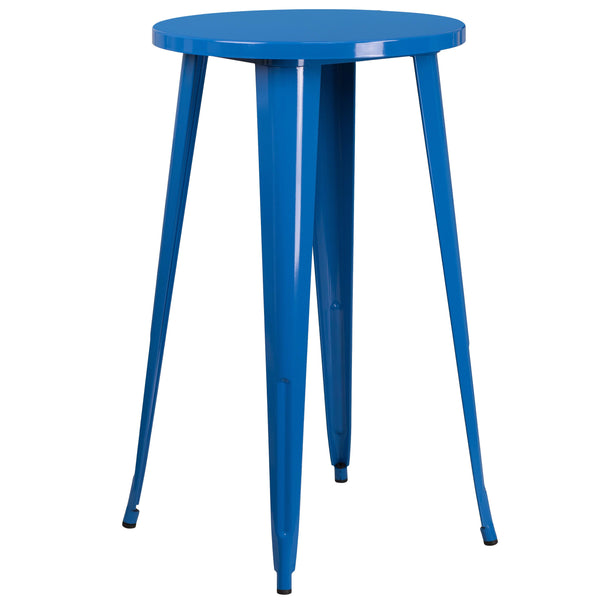 Blue |#| 24inch Round Blue Metal Indoor-Outdoor Bar Table Set with 2 Backless Stools