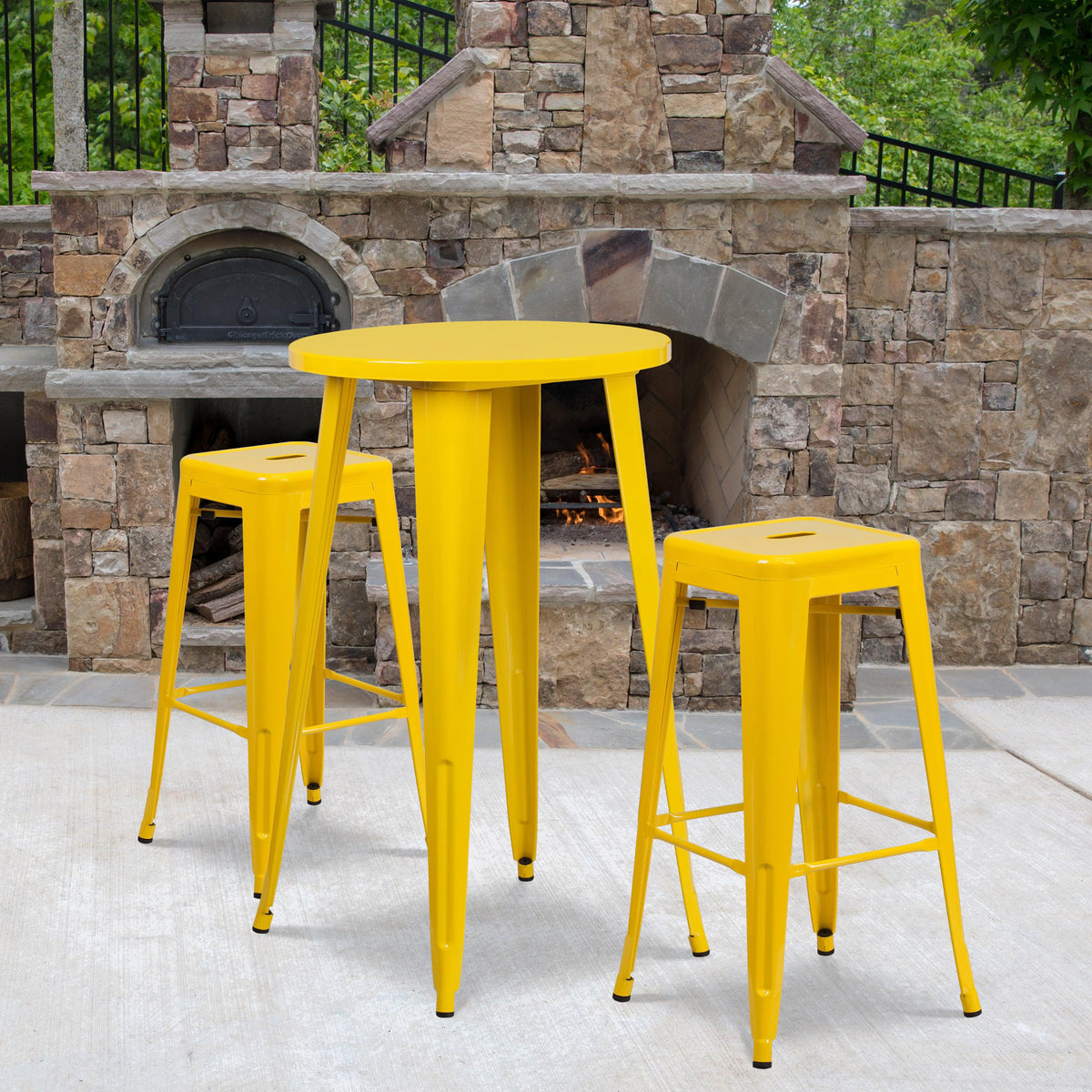 Yellow |#| 24inch Round Yellow Metal Indoor-Outdoor Bar Table Set with 2 Backless Stools