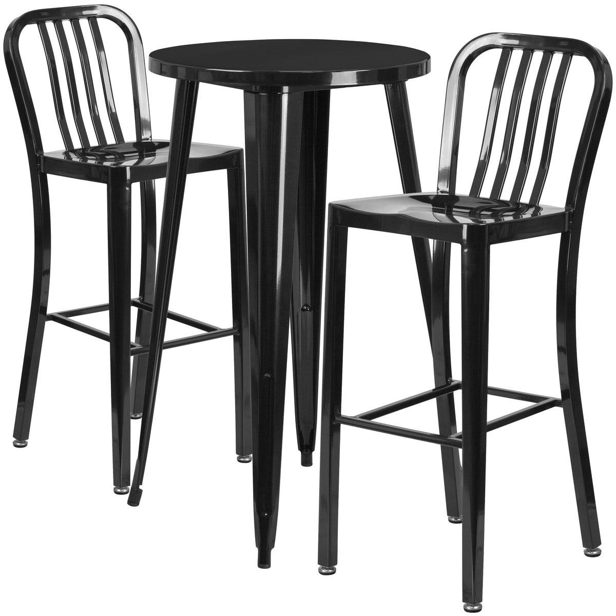 Black |#| 24inch Round Black Metal Indoor-Outdoor Bar Table Set with 2 Slat Back Stools