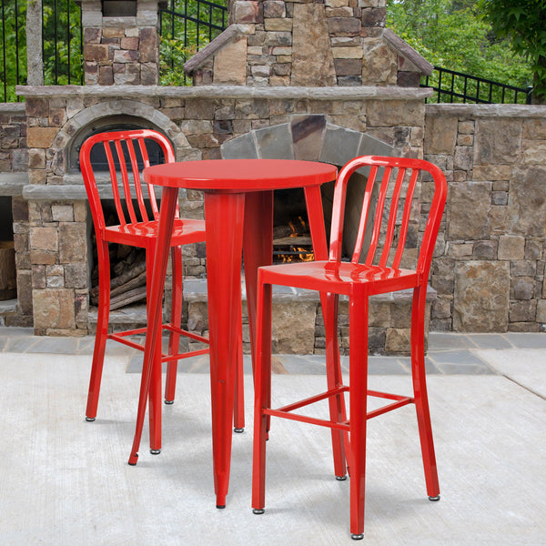 Red |#| 24inch Round Red Metal Indoor-Outdoor Bar Table Set with 2 Slat Back Stools