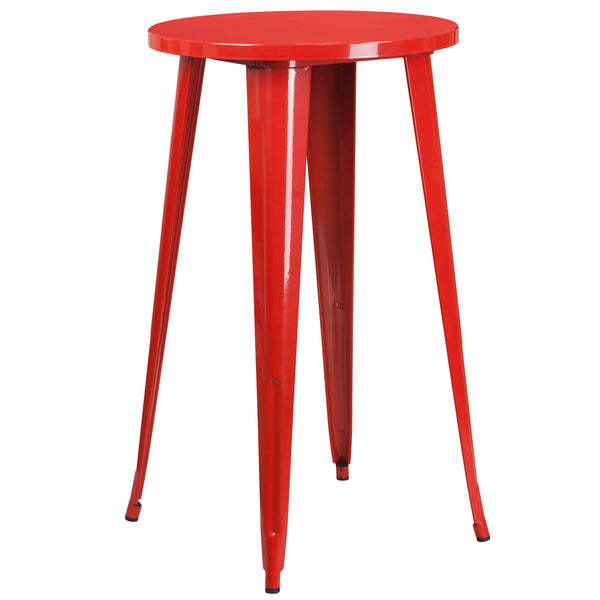 Red |#| 24inch Round Red Metal Indoor-Outdoor Bar Table Set with 2 Slat Back Stools