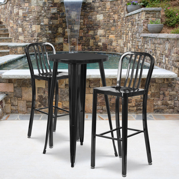 Black |#| 24inch Round Black Metal Indoor-Outdoor Bar Table Set with 2 Slat Back Stools