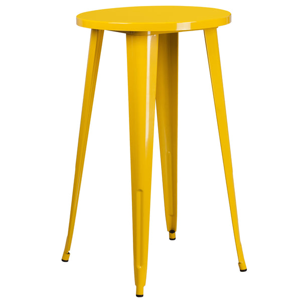 Yellow |#| 24inch Round Yellow Metal Indoor-Outdoor Bar Table Set with 2 Slat Back Stools