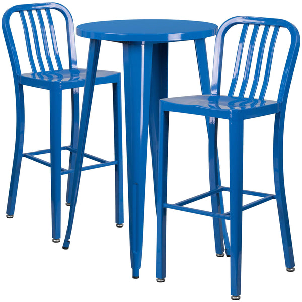 Blue |#| 24inch Round Blue Metal Indoor-Outdoor Bar Table Set with 2 Slat Back Stools